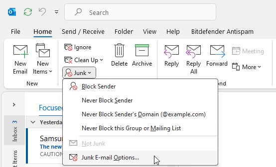 click junk e-mail options